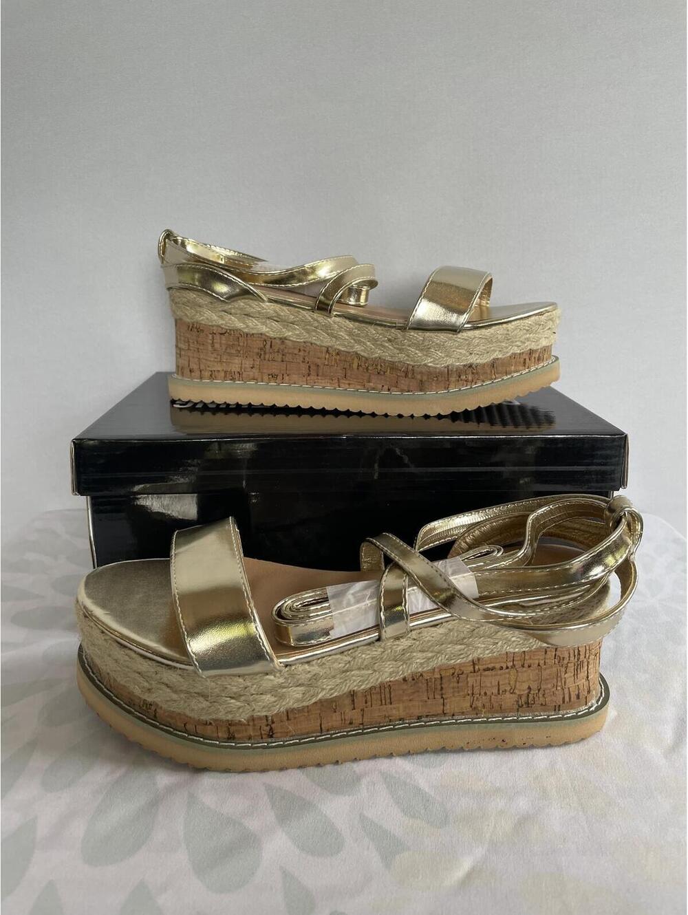 NIB Size 7 Pretty Little Thing Gold Espadrille Lace Up Platform Sandals